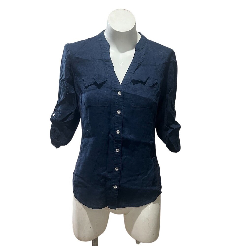 INC International Concepts Utility Blouse Womens S Navy Blue Button
